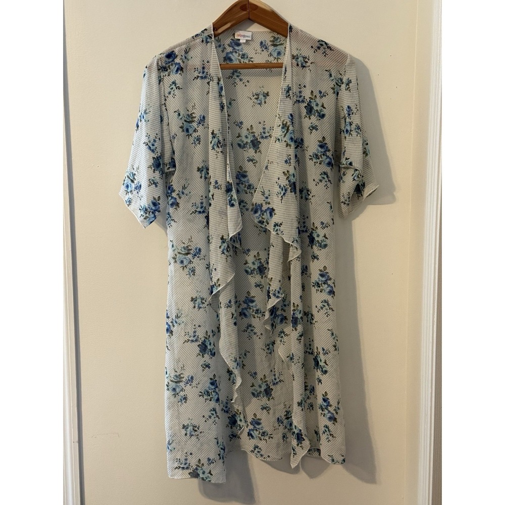 LuLaRoe Women's S Blue Floral Ruffle Chiffon Kimono Cottagecore Boho Spring